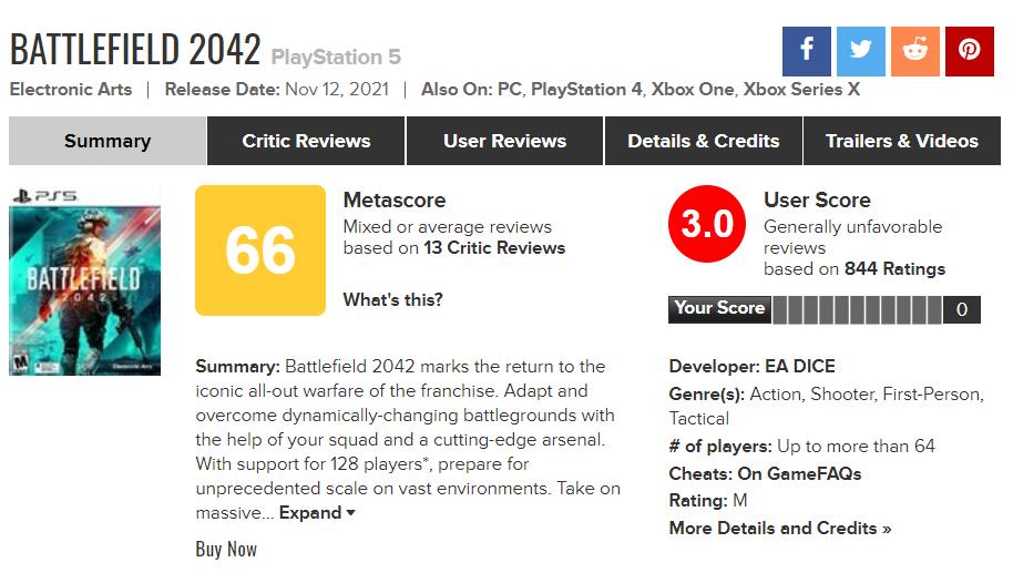 恒悦平台待遇PC版《战地2042》Metacritic评分不理想 仅有70