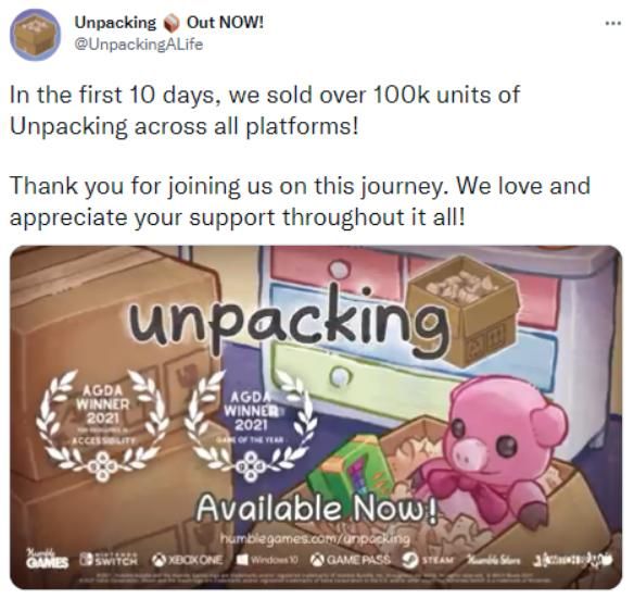 独立游戏《Unpacking》官方发文感谢玩家支持