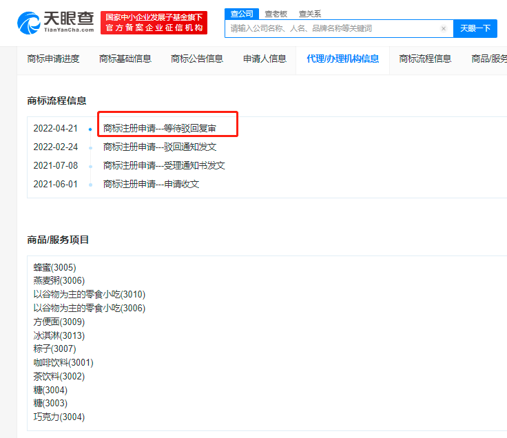 元气森林申请“满分高粽”商标被驳回 国际分类涉及方便食品