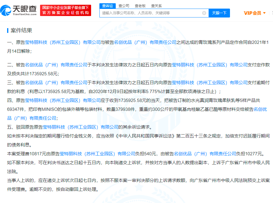 莹特丽科技诉名创优品拖欠173万货款胜诉 