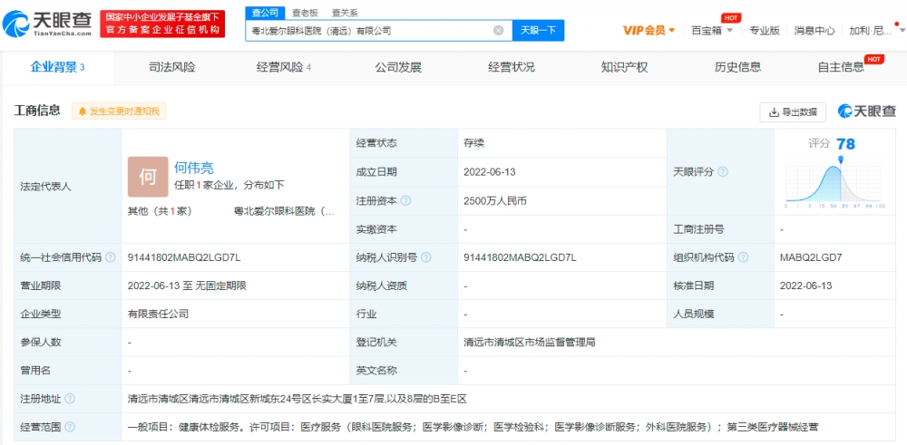 粤北爱尔眼科医院公司成立 注册资本2500万 