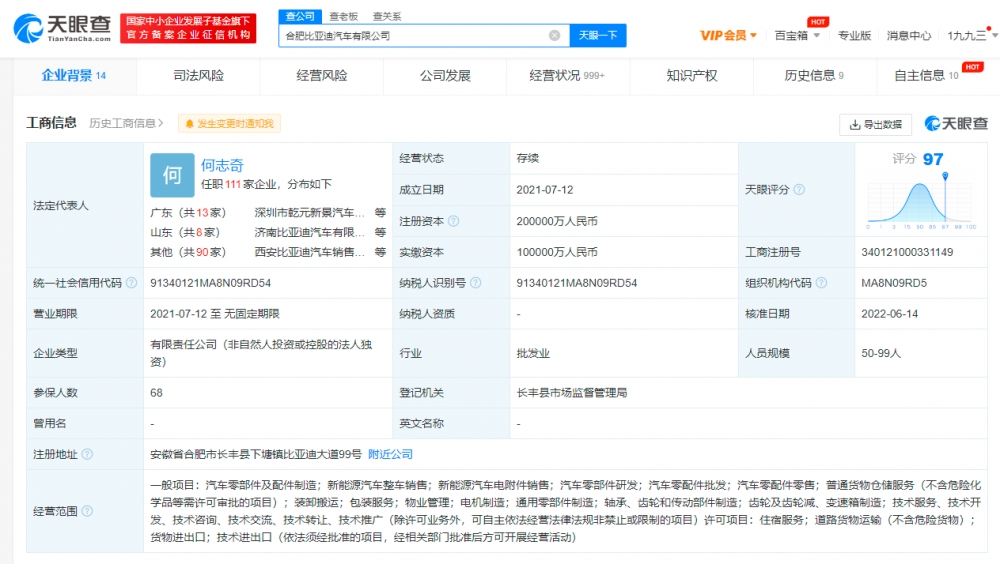 合肥比亚迪公司注册资本增至20亿 法定代表人何志奇 