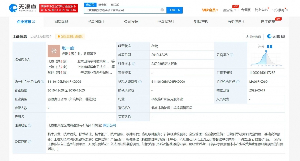 瀚巍创芯电子发生工商变更：新增股东OPPO 注册资本增至237.94万