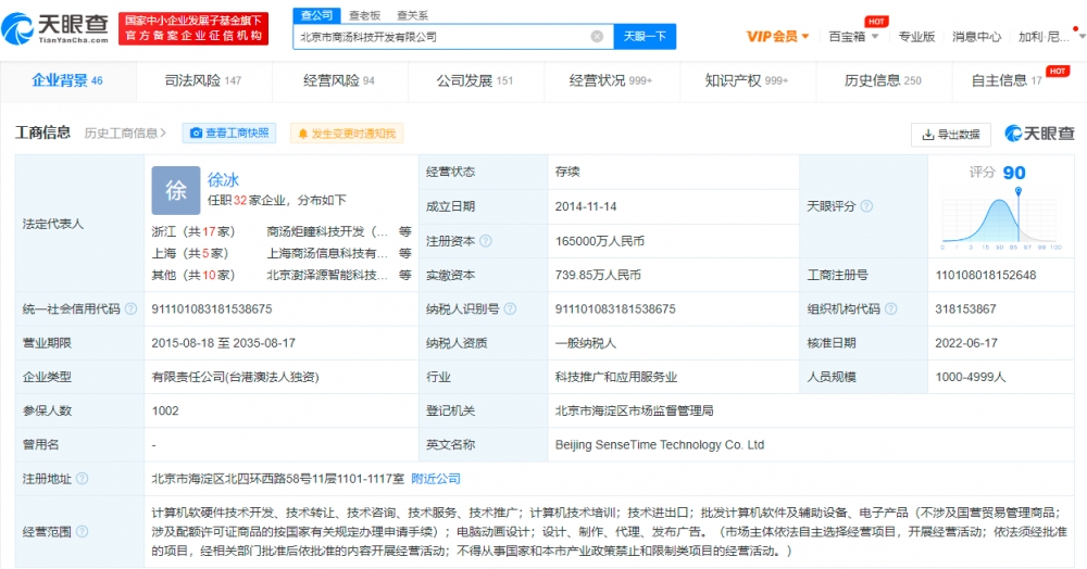 商汤科技发生工商变更：注册资本增至16.5亿 增幅约154% 