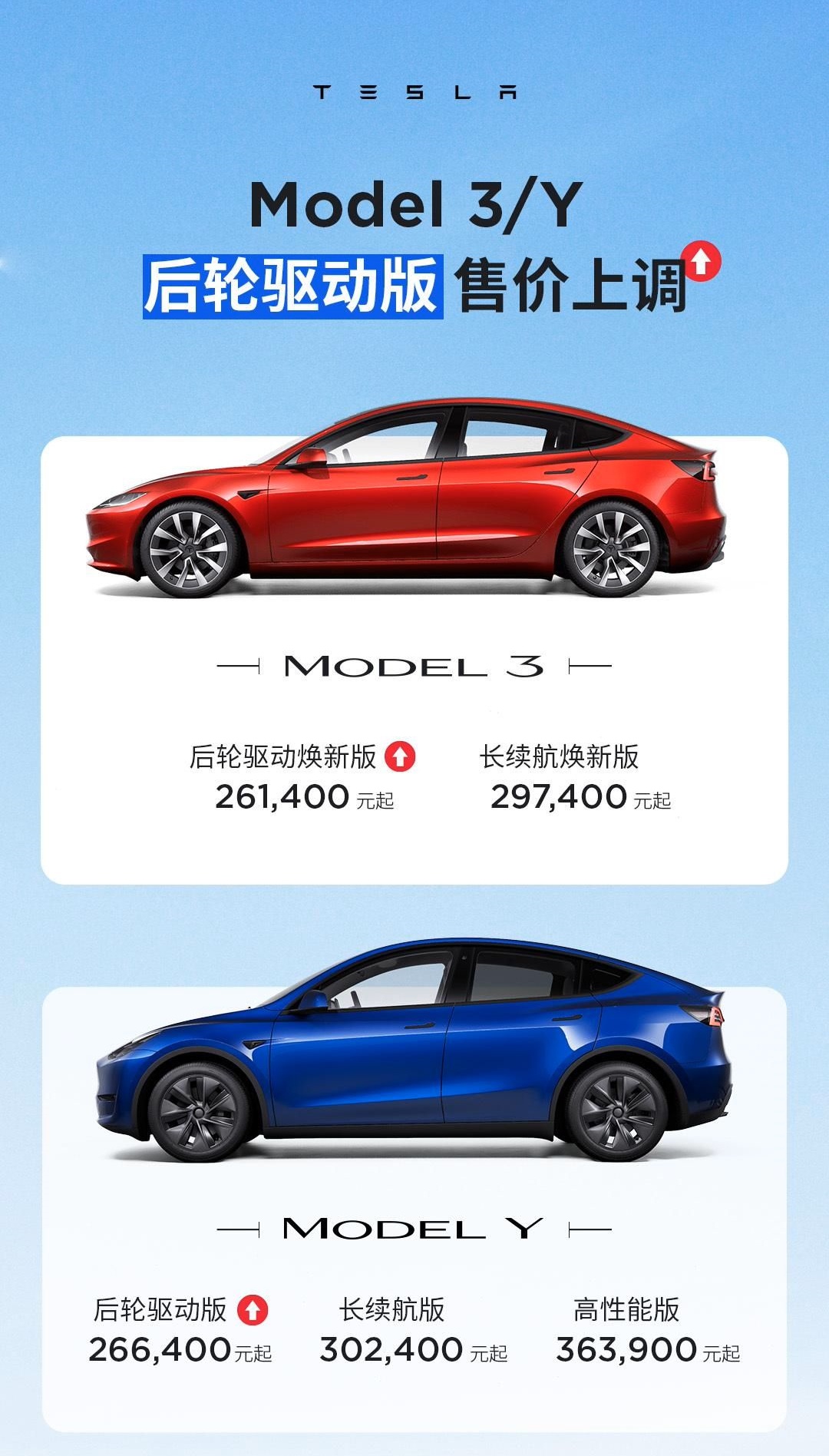  特斯拉 Model 3/Y后轮驱动版涨价