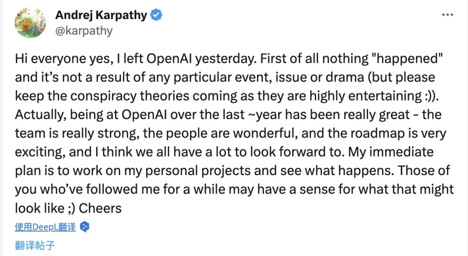 OpenAI研究员Andrej Karpathy离任 将自行创业