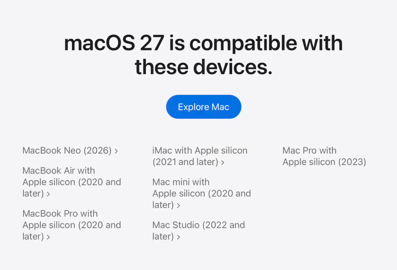 不再支持英特尔处理器，苹果 macOS 27 要求搭载 Apple 芯片的 Mac 设备